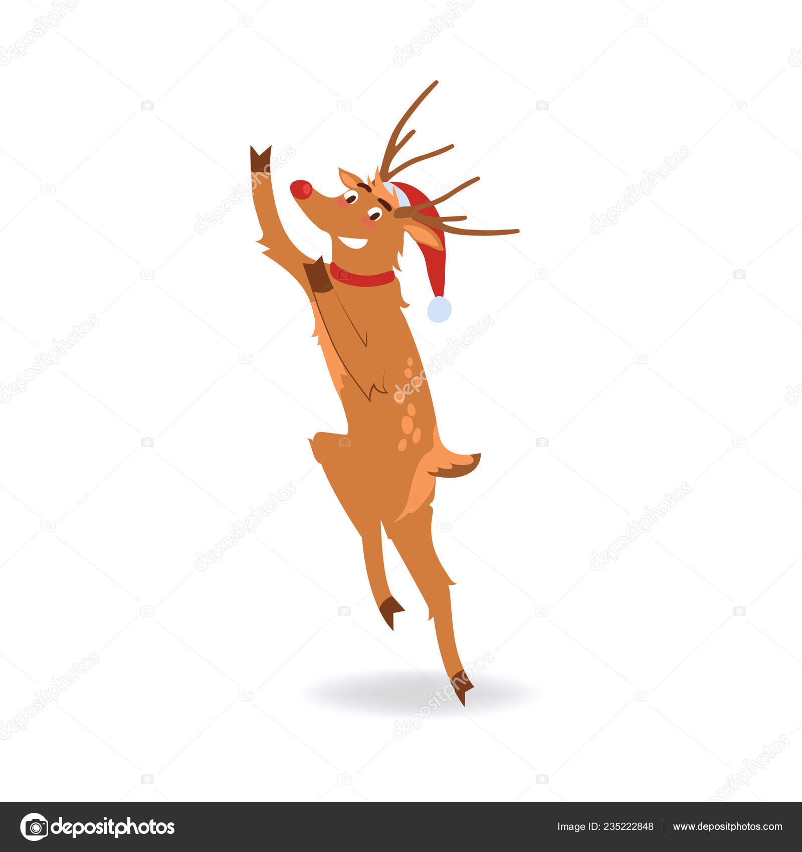 幸福とジャンプ サンタ クロースの帽子に赤い鼻のトナカイのベクトル イラスト ストックベクター C Sabelskaya