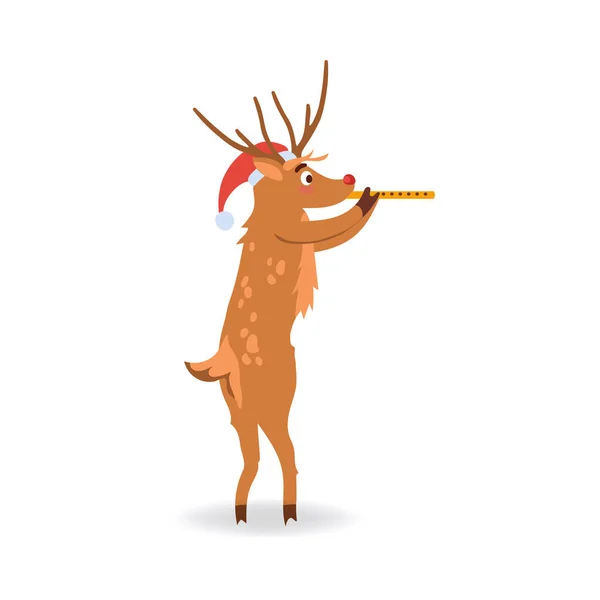 Illustration vectorielle de rennes au nez rouge dans le chapeau du Père Noël jouant de la pipe musicale . — Image vectorielle