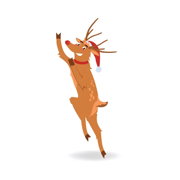 Vector illustration of reindeer with red nose in Santa Claus hat jumping with happiness. — Stock Vector