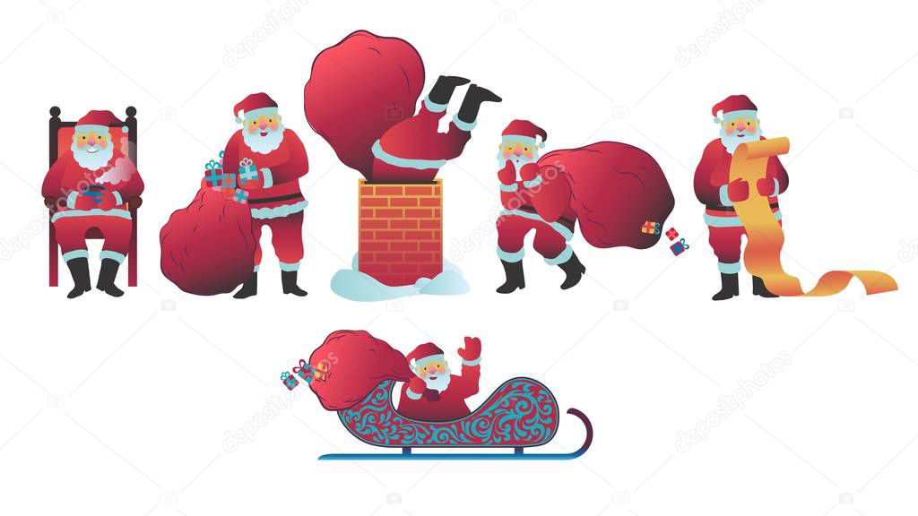 Santa Claus vector illustration set in flat style isolated on white background.