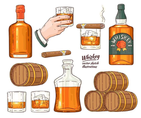 Vector whisky alcohol símbolos bosquejo icono conjunto — Vector de stock