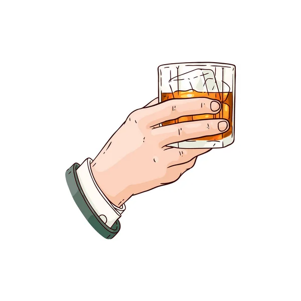 Vector mano del hombre con whisky o ron icono de cristal — Vector de stock