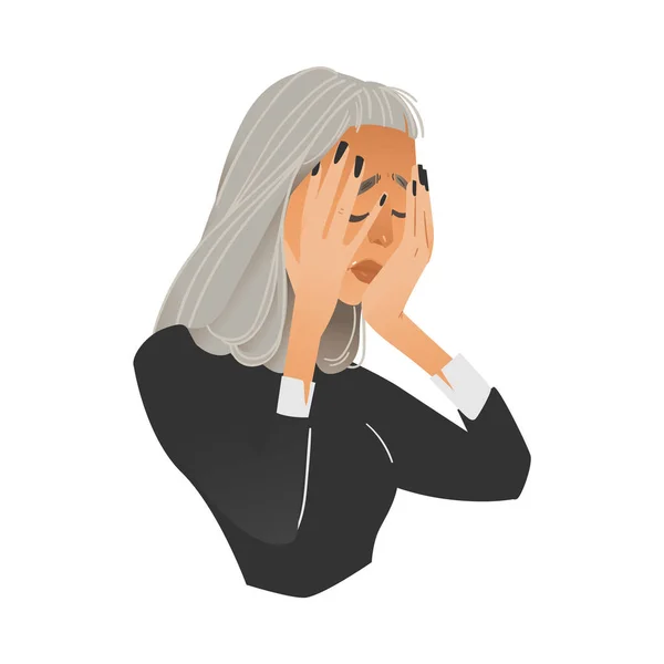 Vectorillustratie van bezorgde vrouw met negatieve gefrustreerd gestresst expressie of hoofdpijn. — Stockvector