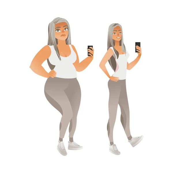 前に重量を量る女性 selfie を失った後のベクトル — ストックベクタ