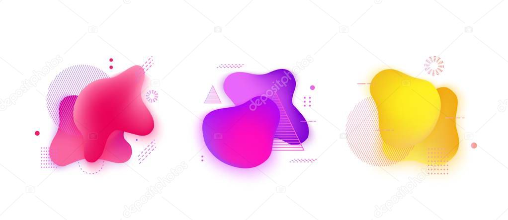 Absract fluid gradient pink, purple, yellow spots with geometric symbols set.