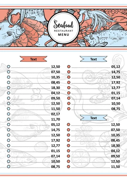 Ilustração vetorial do modelo de menu de restaurante de frutos do mar com cabeçalho de peixes e animais comestíveis aquáticos . — Vetor de Stock