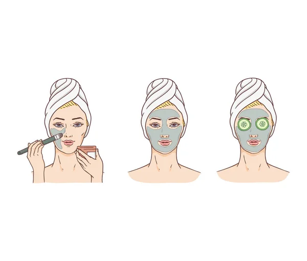 Векторна жінка, що застосовує маску для обличчя, лікування обличчя — стоковий вектор