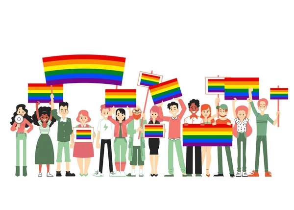 Lgbt e parata gay, protesta. Persone con bandiere arcobaleno, trasportatori, manifesti . — Vettoriale Stock
