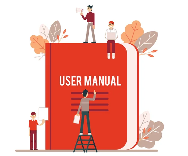 Las personas pequeñas componen y leen el manual de usuario rojo . — Archivo Imágenes Vectoriales
