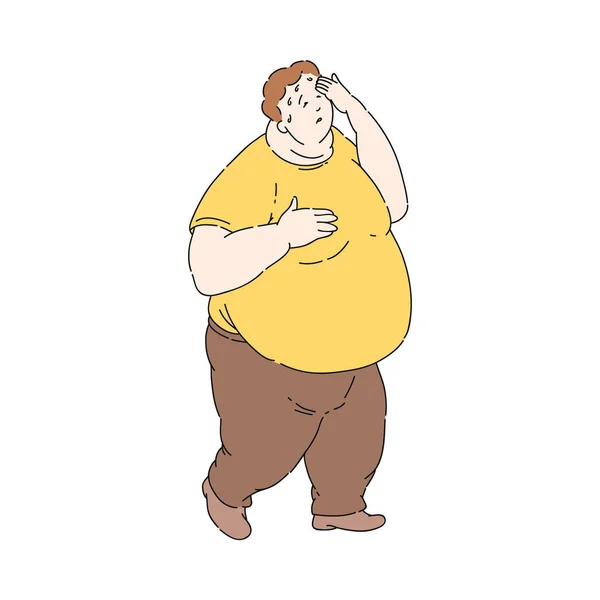 Вектор плоска надмірна вага ожиріння нещасний чоловік пітніє — стоковий вектор