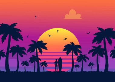 Tropikal yaz palmiye ağaçları, sörfçü ve arka plan degrade bir gün batımının sahilde siluetleri.