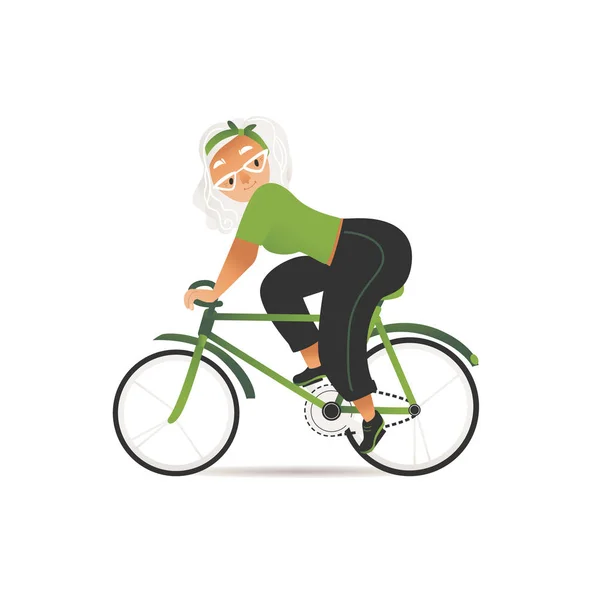 Vector flat cheerful elderly woman riding bicycle — Stock Vector