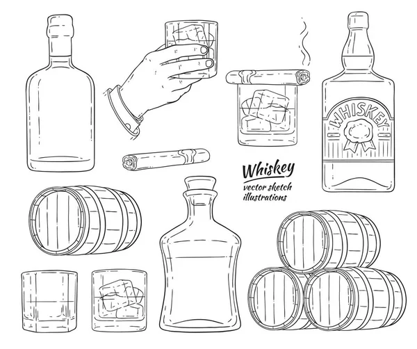 Ensemble d'icônes de croquis de symboles vectoriels d'alcool de whisky — Image vectorielle