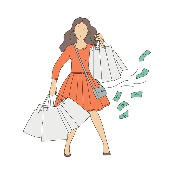 Boceto vectorial mujer adicta a las compras con tienda — Vector de stock