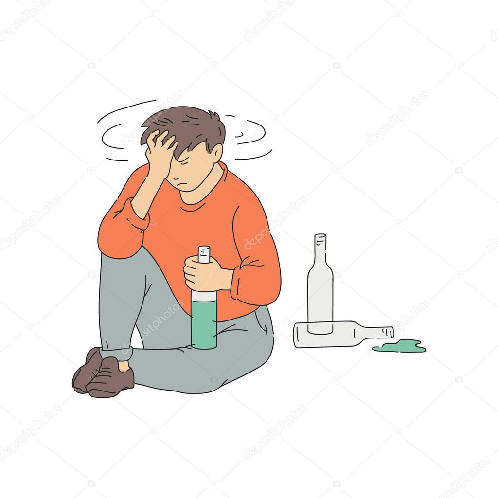 Vector alcohol addicted man with hangover sketch