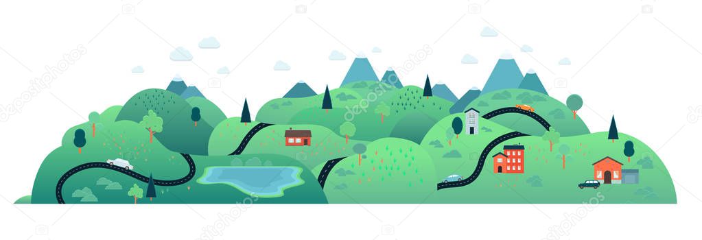 Vector rural landscape road path tree mountain