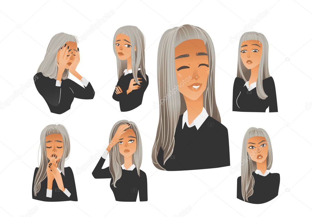 Vector beautiful girl with negative face set