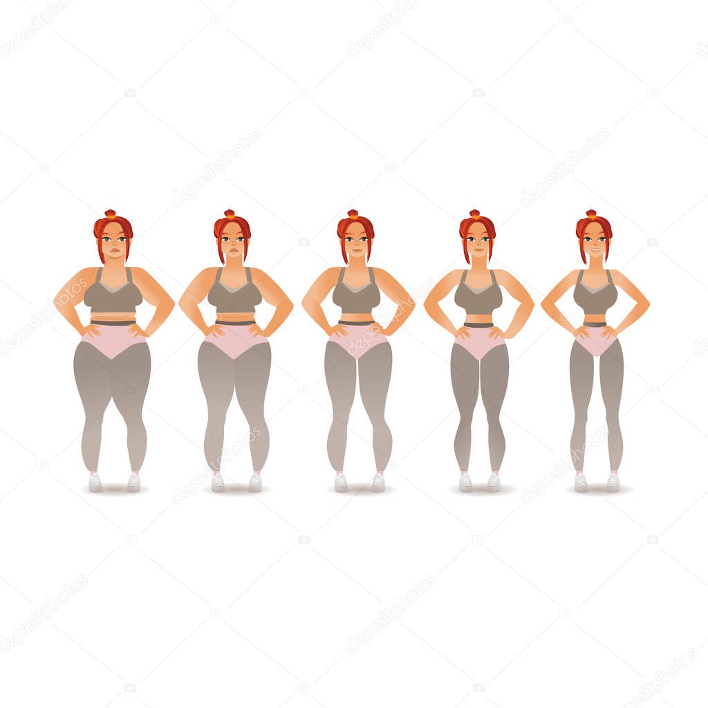 Vector stages of losing weight of woman