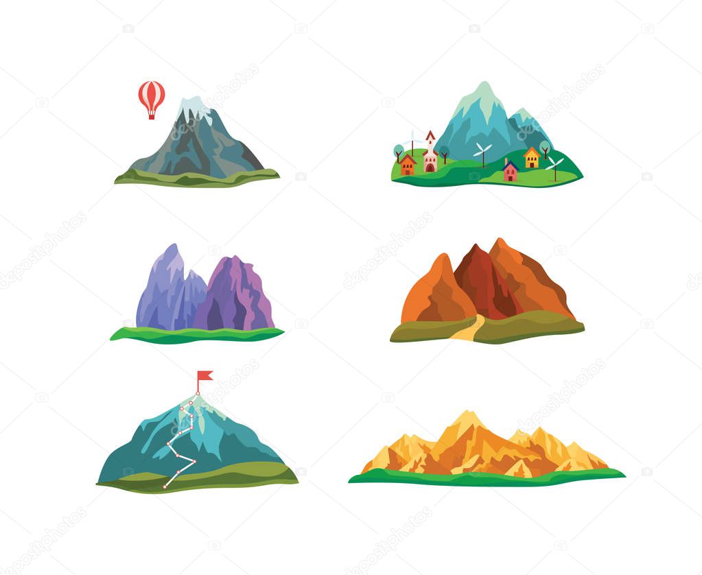 Set of cartoon hills and mountains with peaks.