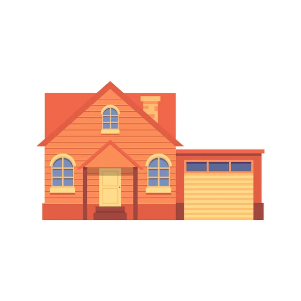 Vector oranje leuk huis met een garage in platte cartoon stijl. — Stockvector