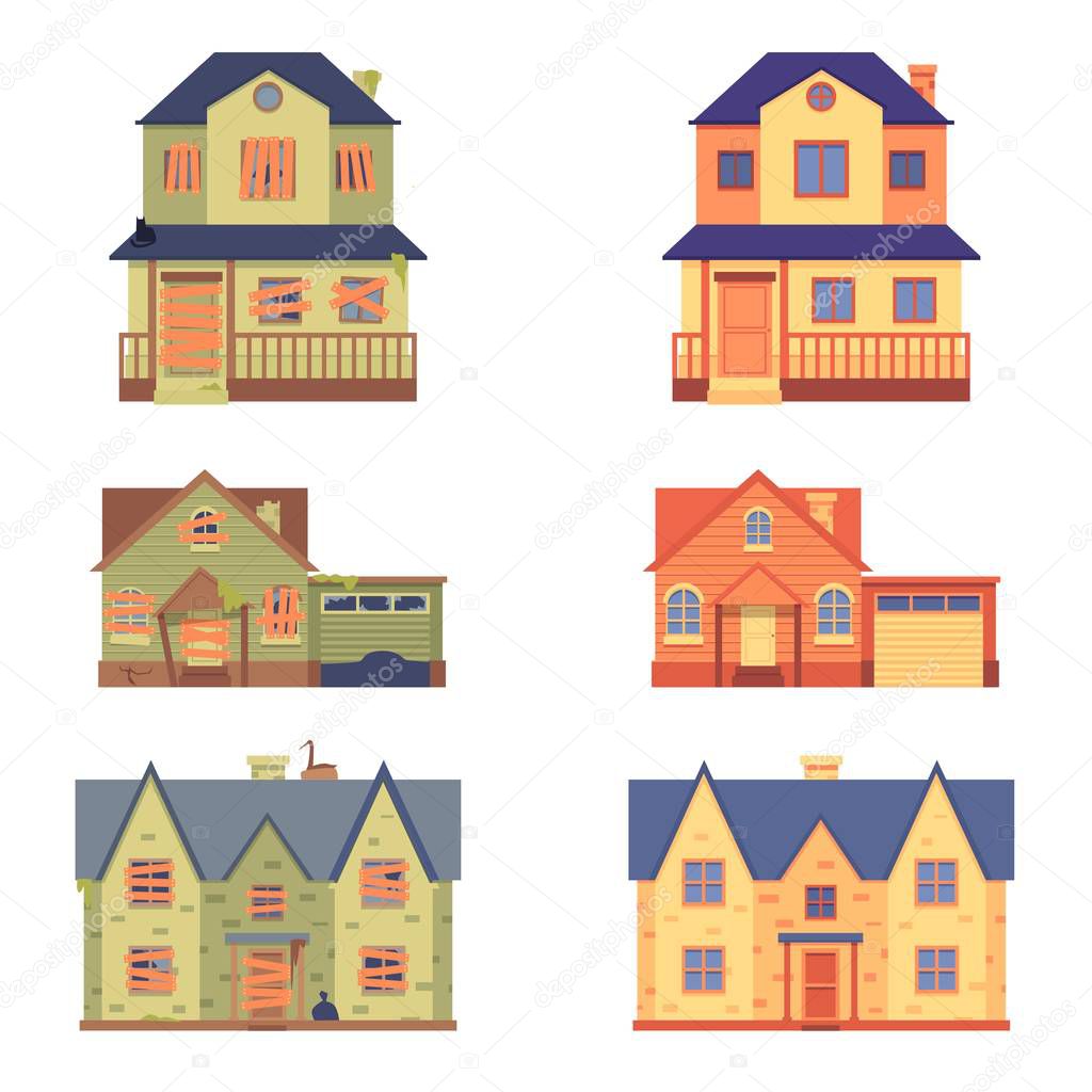 Vector set of home renovation in flat cartoon style, before and after.