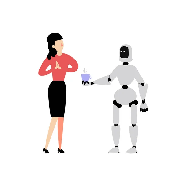 Vektor plochý robota cyborg číšník káva pro ženy — Stockový vektor