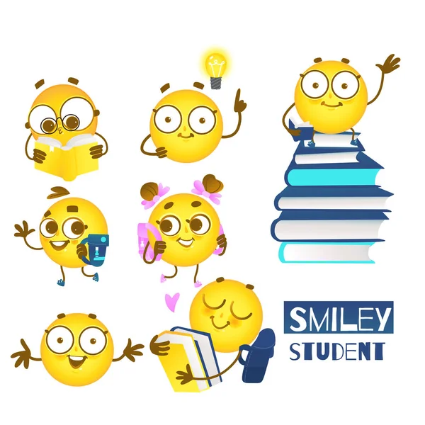 Smiley ifade öğrenci kümesi şirin emoji topları ile sırt çantaları ve eğitim sevgi dolu kitaplar. — Stok Vektör