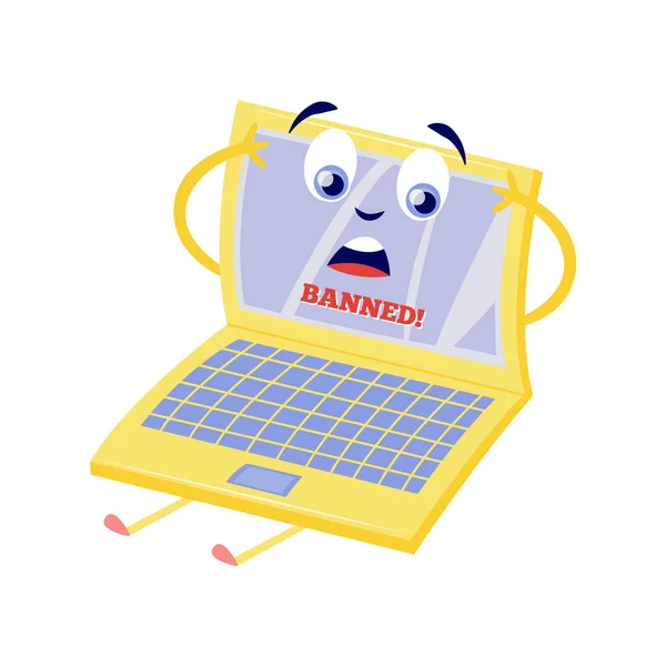 Concept de bloc Internet avec personnage de dessin animé choqué ordinateur portable avec signe Interdit à l'écran . — Image vectorielle
