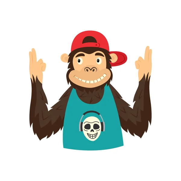 Divertido Personaje Mono Hipster Con Gorra Camiseta Sin Mangas Cogidas — Vector de stock