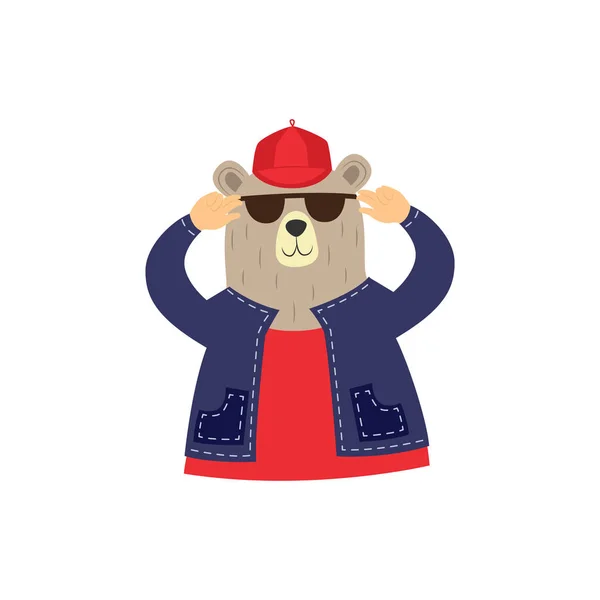 재미 있는 hipster 곰 캐릭터 선글라스, 모자 — 스톡 벡터