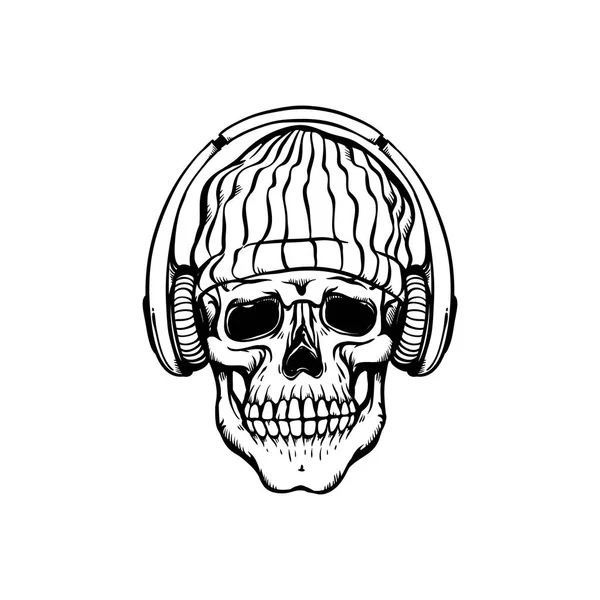 Calavera humana en estilo hip-hop o rap - sombrero de punto y auriculares en estilo sketch . — Archivo Imágenes Vectoriales