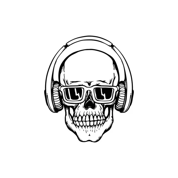 Lidská lebka, sluchátka a sluneční brýle ve stylu náčrtu izolovaných na bílém pozadí. — Stockový vektor