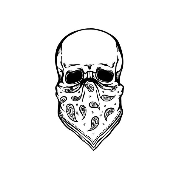 Crânio humano com bandana como máscara facial no estilo esboço isolado no fundo branco . —  Vetores de Stock