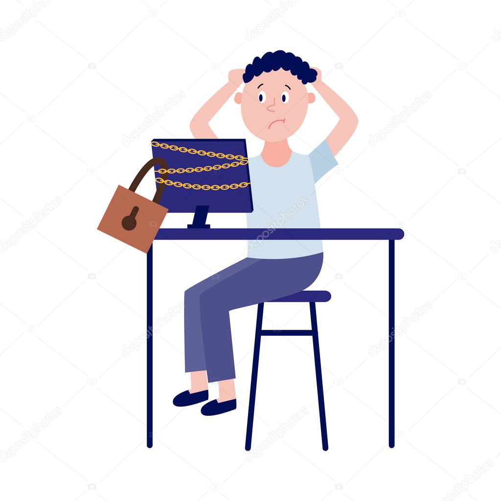 Upset boy sitting at table with chain-bound and locked computer monitor in flat isolated vector illustration.