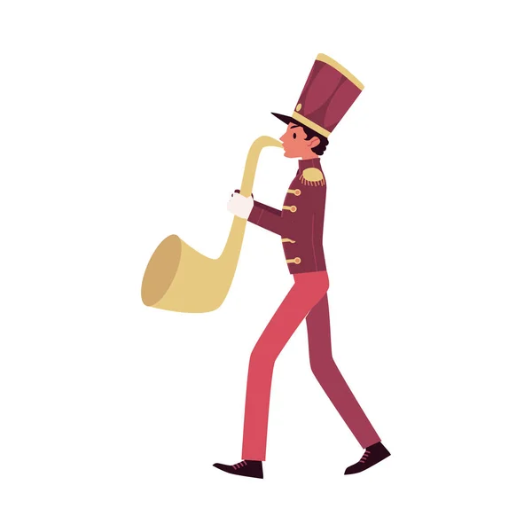 빨간 직면된 색소폰 연주자는 색소폰 이나 트럼펫 재생 퍼레이드, 마 칭 밴드 참가자. — 스톡 벡터