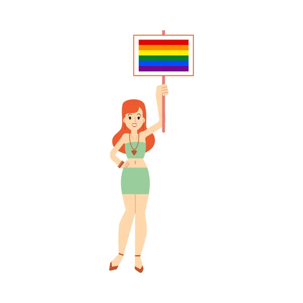 Giovane rossa bianca donna magra in una gonna corta e top tiene un poster o un banner con un arcobaleno . — Vettoriale Stock