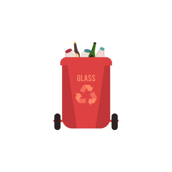 Lixo lixeira vermelha com resíduos de vidro. Recipiente para triagem de lixo de vidro para reciclagem com garrafas e frascos de vidro . —  Vetores de Stock