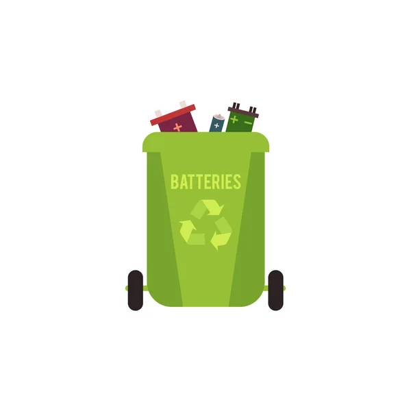 Contenedor verde de basura con residuos de baterías y basura para reciclar . — Archivo Imágenes Vectoriales