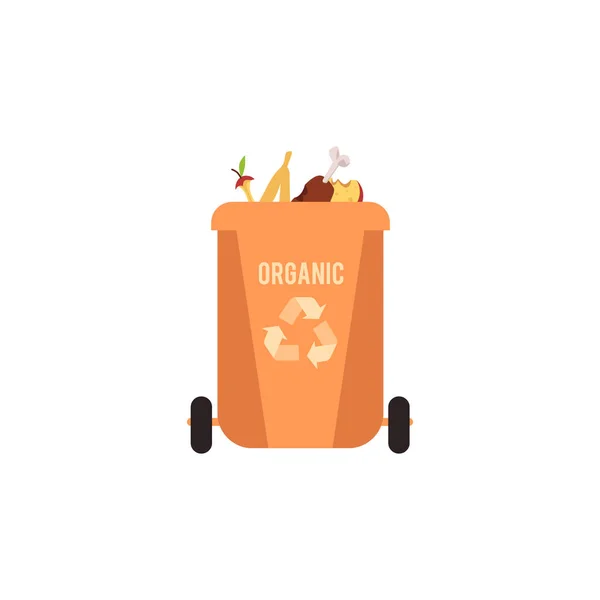 Basura cubo de naranja con residuos orgánicos. Tipo de clasificación de la basura para el reciclaje . — Vector de stock