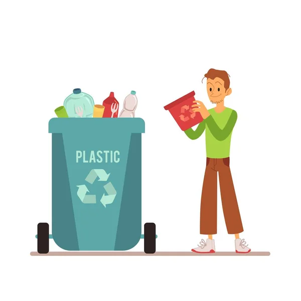 Um jovem joga fora e classifica lixo e lixo em uma caixa de plástico ou recipiente . —  Vetores de Stock