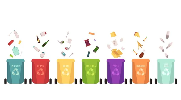 Corbeilles ensemble et types d'ordures tombant, séparation des déchets sur différents conteneurs de couleur pour le recyclage . — Image vectorielle