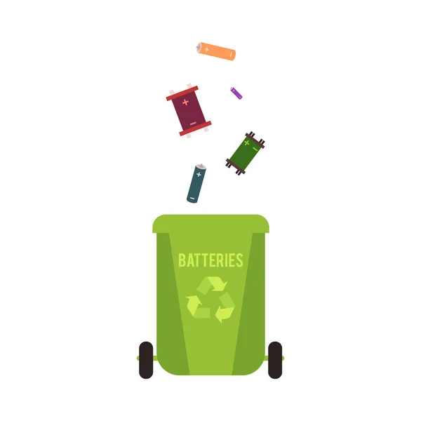 Contenedor verde de basura con residuos de baterías y basura para reciclar . — Vector de stock
