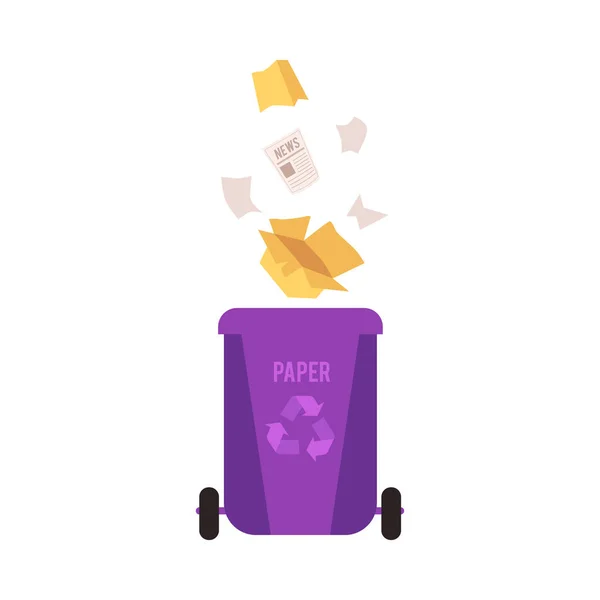 Fialový odpadky s klesající papírový odpad. — Stockový vektor