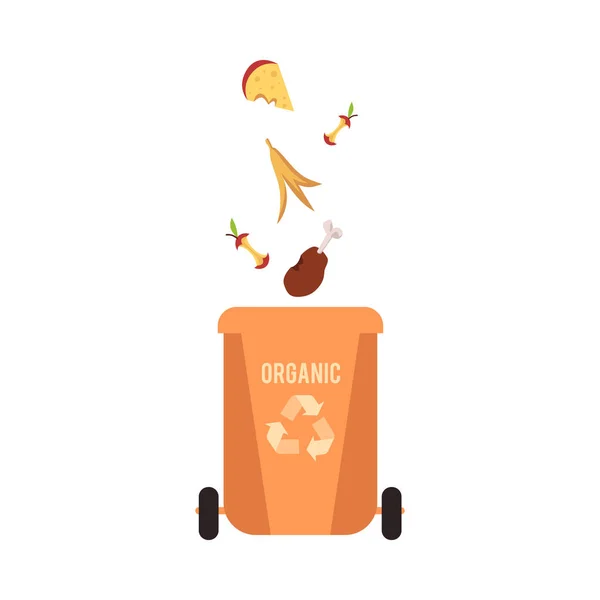 Papelera de naranja con basura orgánica y basura para reciclar . — Archivo Imágenes Vectoriales