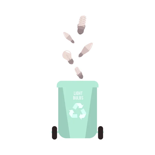 Skräp blå container med fallande glödlampor avfall och sopor för återvinning. — Stock vektor