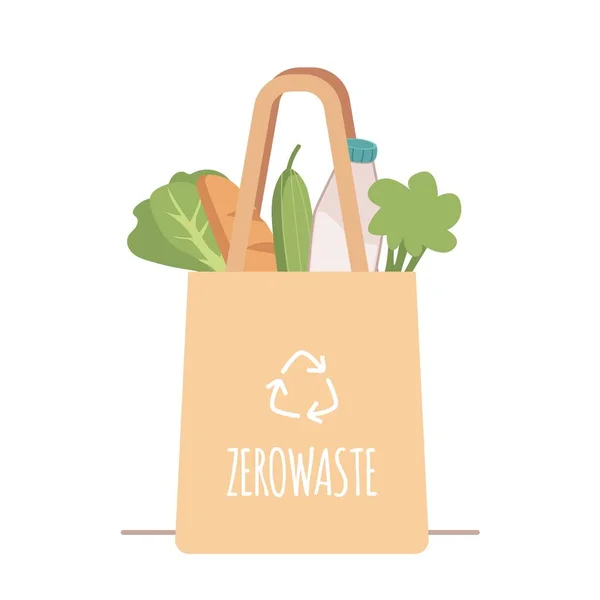 Düz bir tarzda ambalaj olmadan yeniden kullanılabilir bakkal bez torba sebze ve ürünleri ile alışveriş. — Stok Vektör