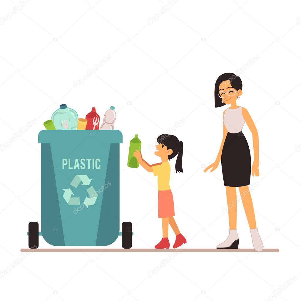 A young woman and girl throws out trash in a plastic bin or container with bottles.