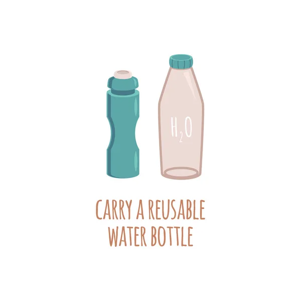 Dos botellas eco de agua reutilizables en estilo plano con texto . — Archivo Imágenes Vectoriales