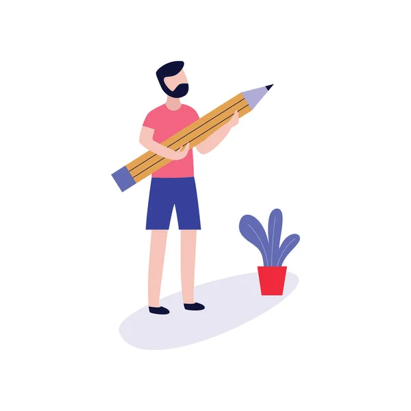 Young man holding big pencil for blogging, storytelling or copywriting concept. — Stock Vector
