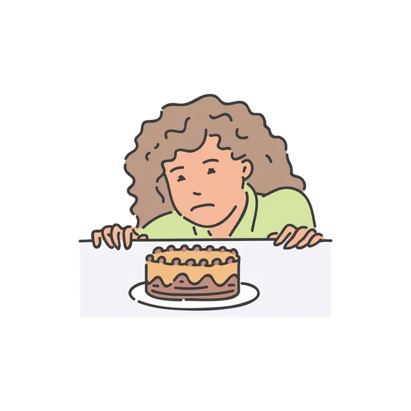 Vector redhead woman refuses to eat piece of cake — Stock Vector